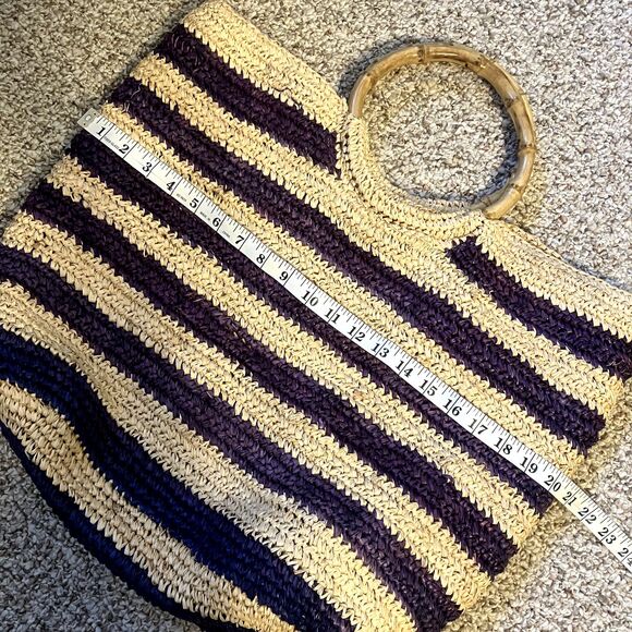 J. McLaughlin Straw Tote Bag Bamboo Handles Striped Beach Bag Lined Sea Grass - Picture 8 of 10